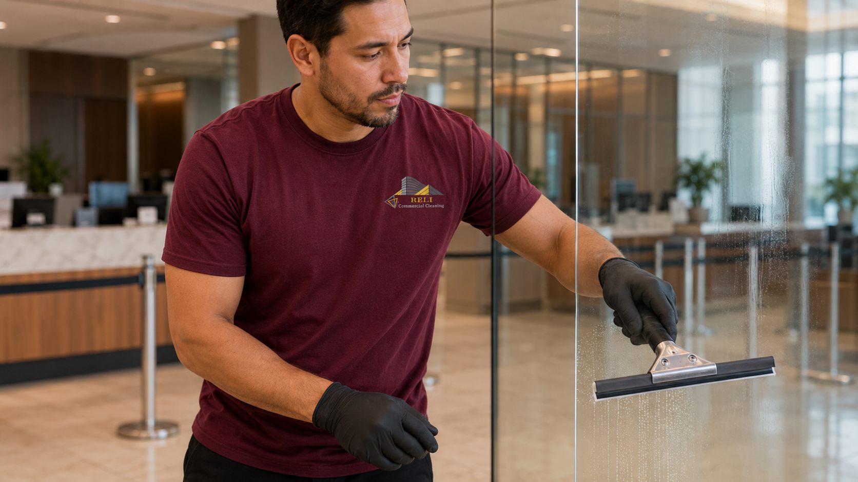Cleaner in a RELI Commercial Cleaning shirt squeegeeing a glass partition in a bank lobby.