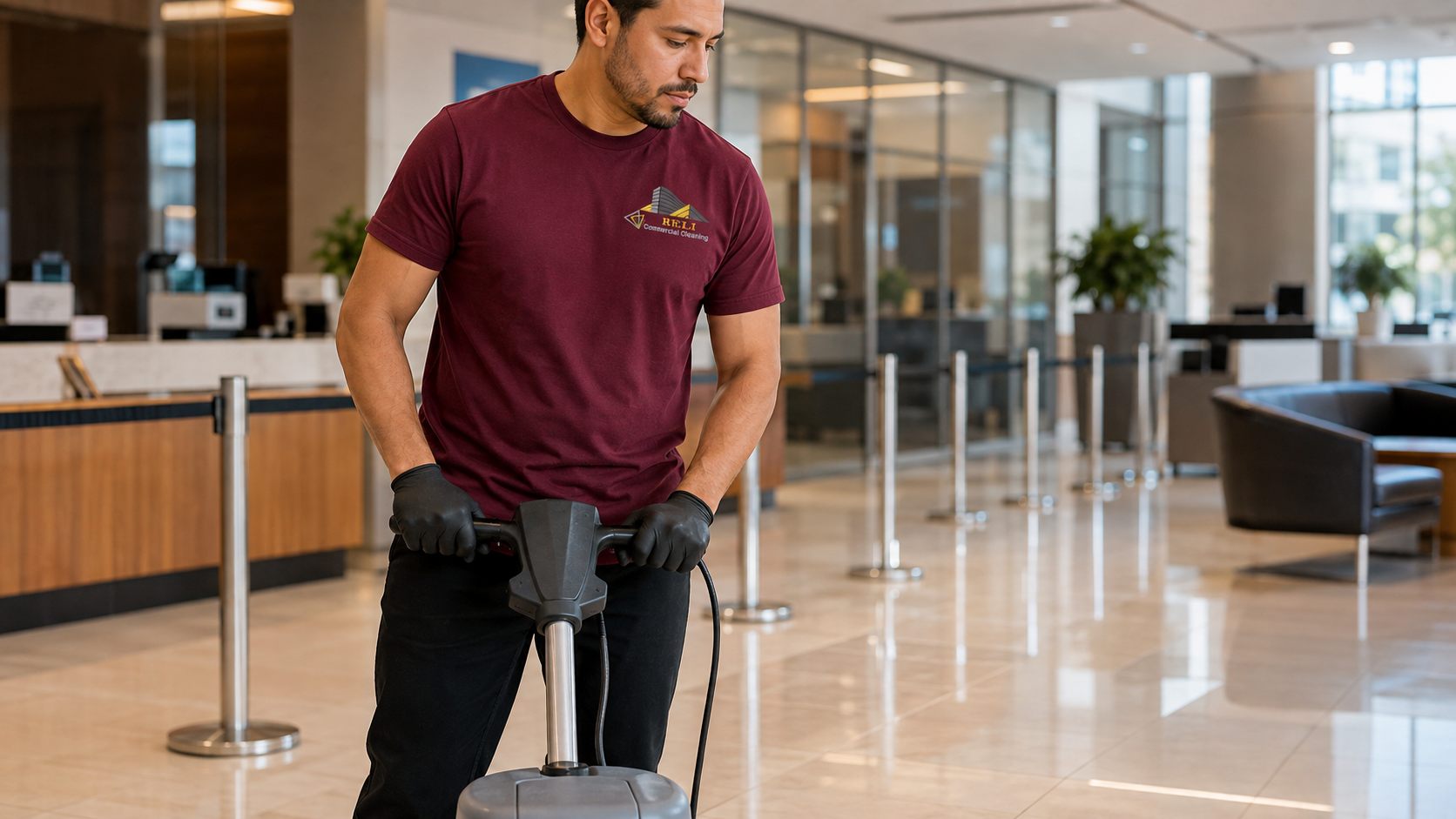 RELI Commercial Cleaning team member running a floor machine across a polished bank lobby floor.