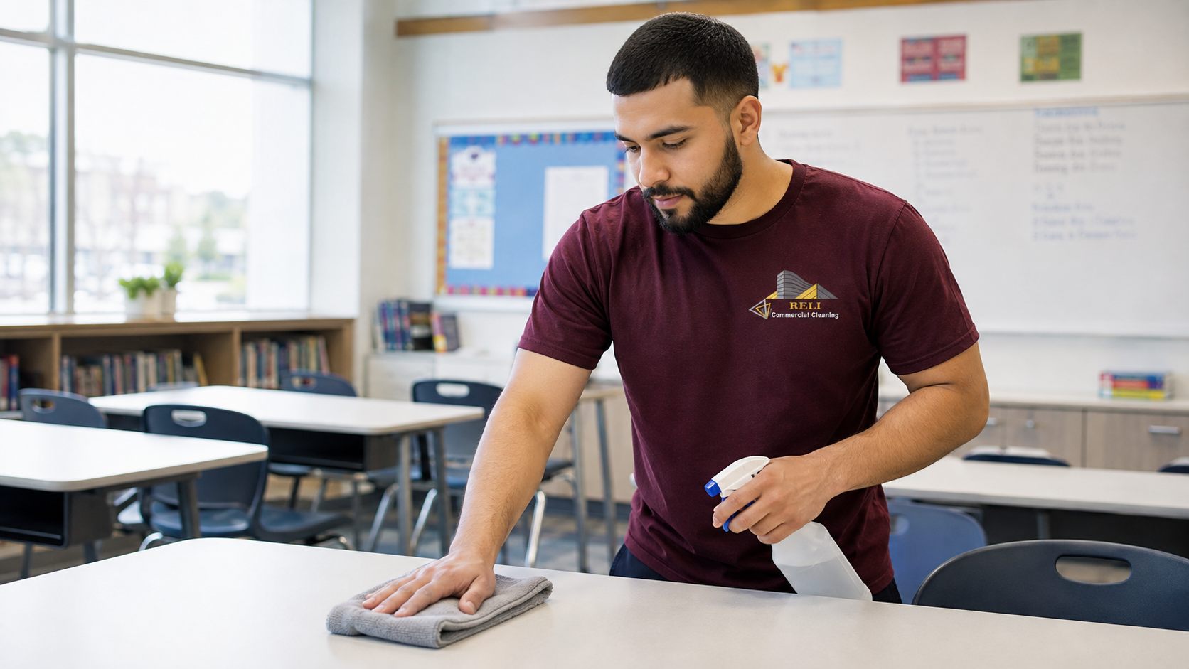 RELI Commercial Cleaning team member disinfecting a table in a bright classroom.