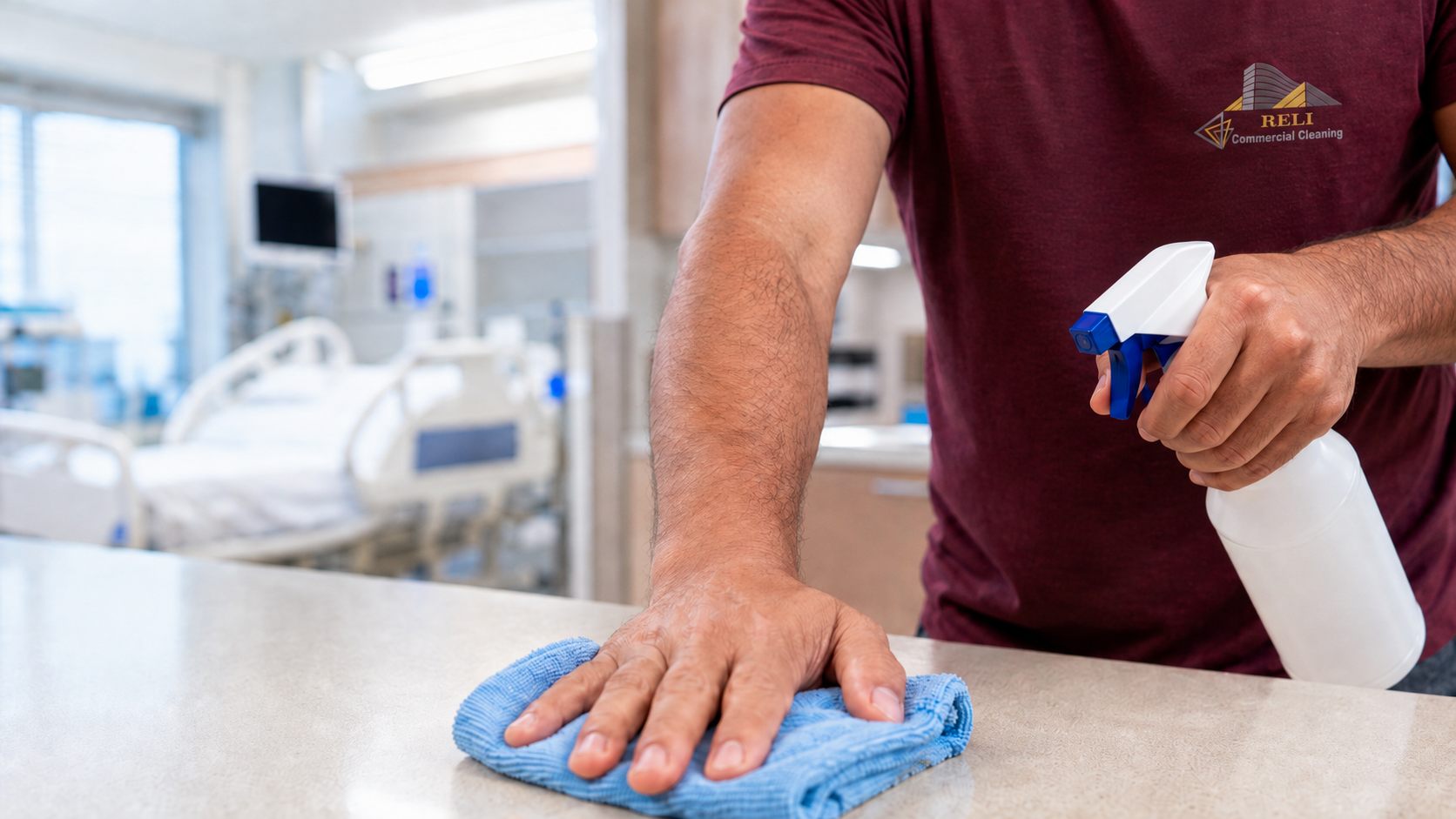 RELI Commercial Cleaning team member disinfecting a counter in a medical facility, patient room in the background.