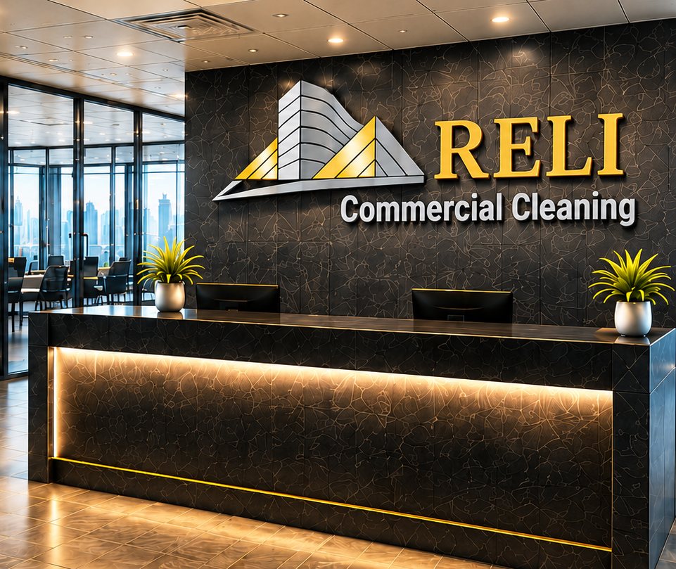 RELI Commercial Cleaning branded reception area with a polished front desk.