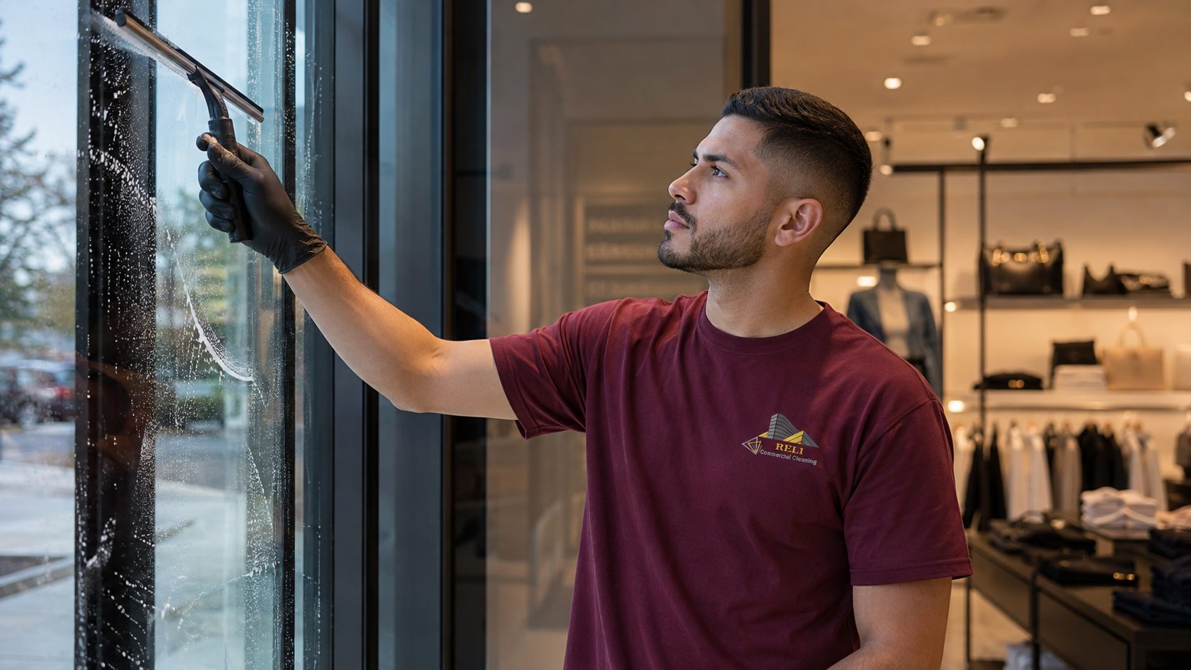 RELI Commercial Cleaning team member squeegeeing the storefront glass of a retail boutique.